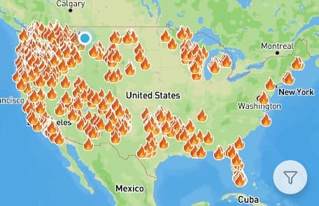 Wildfire icons displayed on the map.