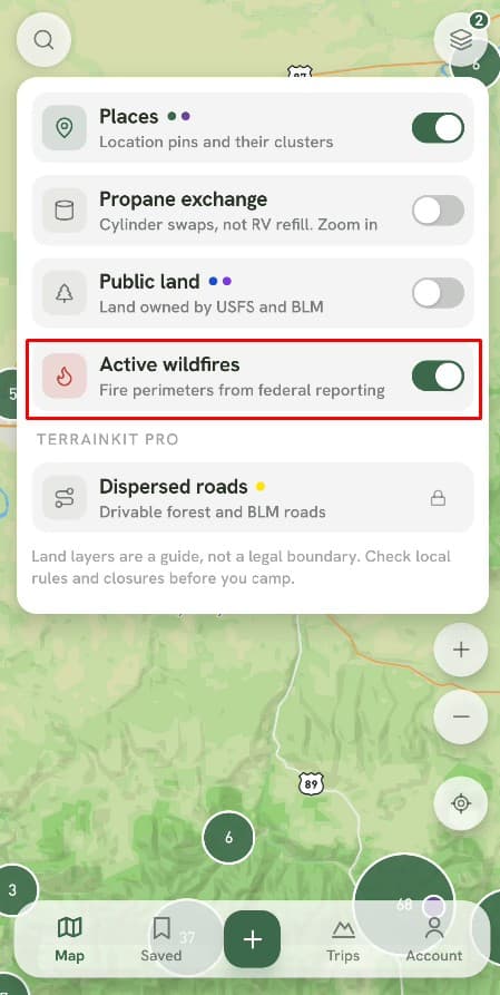 Wildfire layer switch in the app.